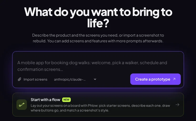 The New prototype page with the prompt box and the Start with a flow option