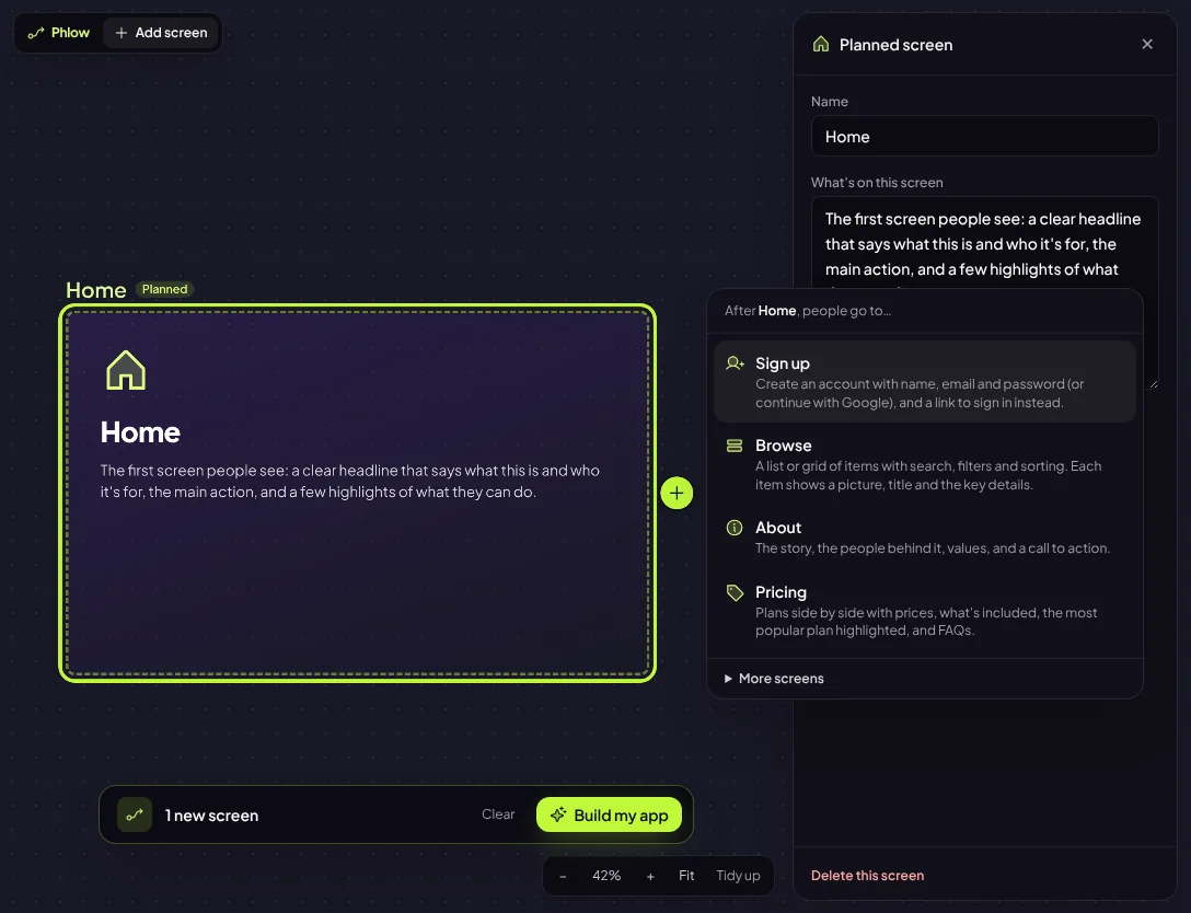 The + menu on a Home card listing Sign up, Browse, About, Pricing and More screens, with the side panel editing the Home planned screen