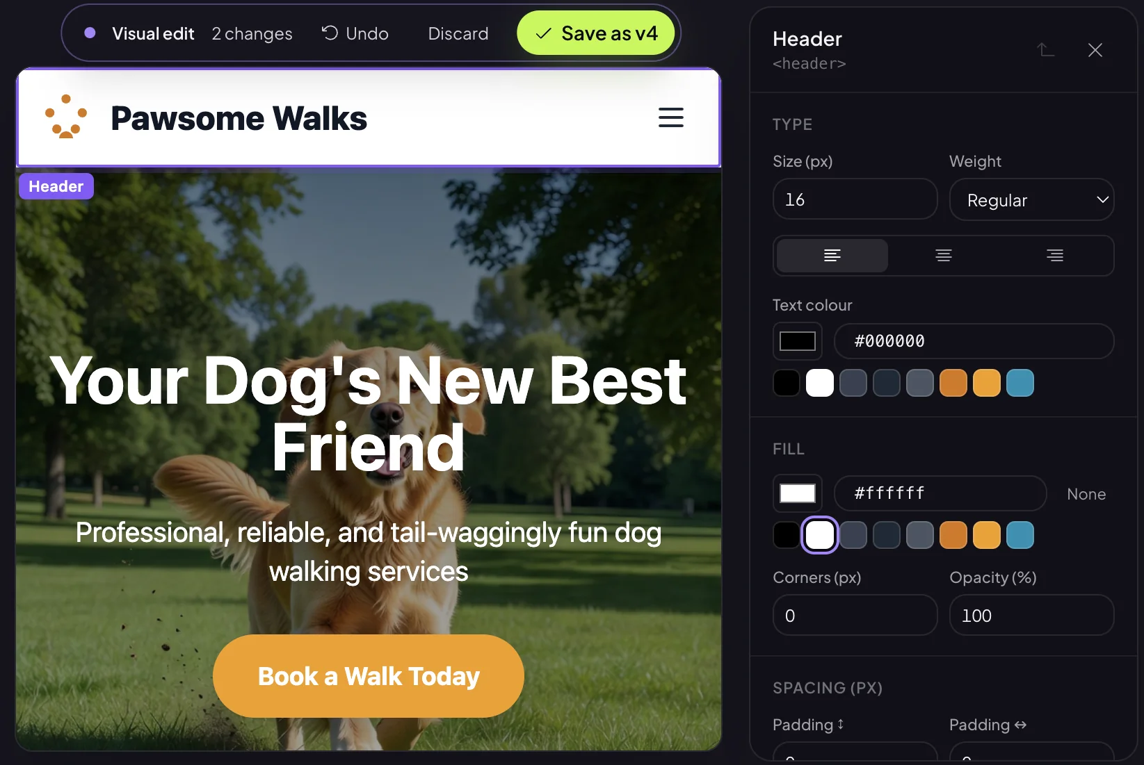 Visual Edit with a header selected and the edit panel showing type, text colour, fill, corners and spacing, plus Undo, Discard and Save as v4
